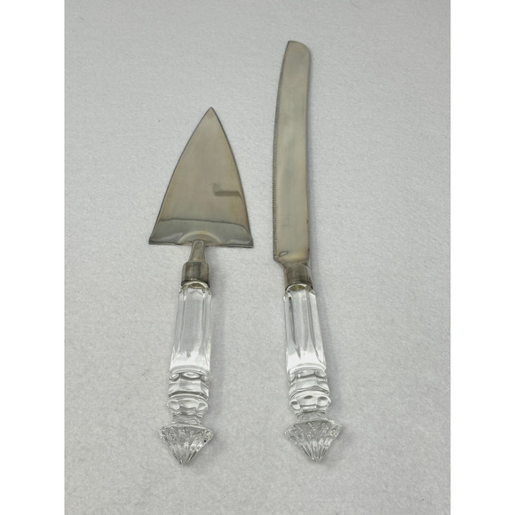 Silver Clear Cake Knife and Server Set Crystal Handles Wedding Party - Picture 1 of 3